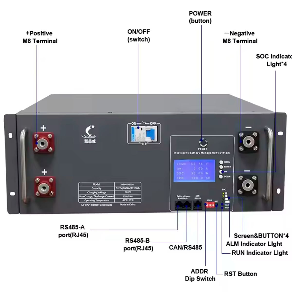 Kaimeiwei 48V 100Ah LiFePO4 51,2 V 5KWh , BMS (5,12КWh)