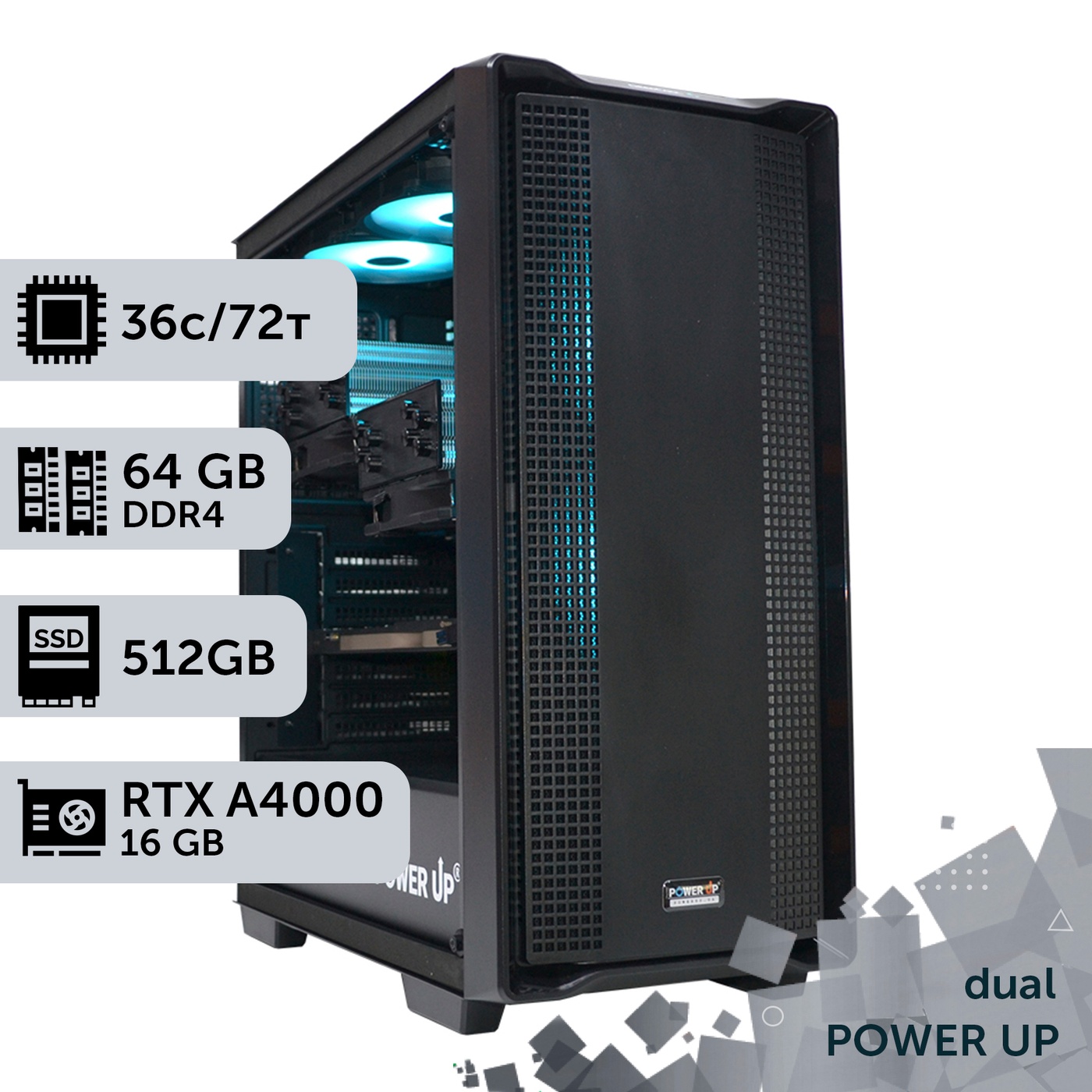 Двухпроцессорная рабочая станция PowerUp #193 Xeon E5 2699 v3 x2/64 GB/HDD 1 TB/SSD 512GB/NVIDIA Quadro RTX A4000 16GB
