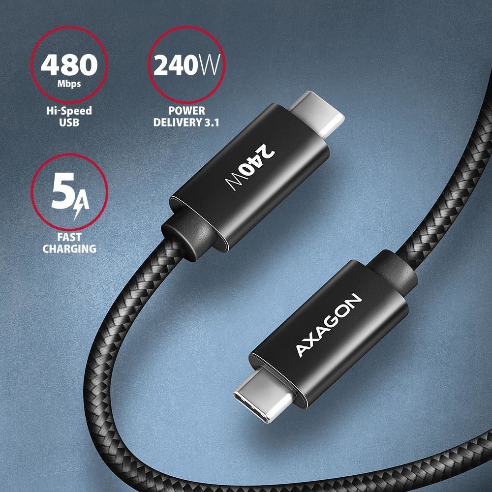 Кабель AXAGON BUCM2-CM10AB USB-C USB-C 2.0, 1м, PD 240W 5A, Черный