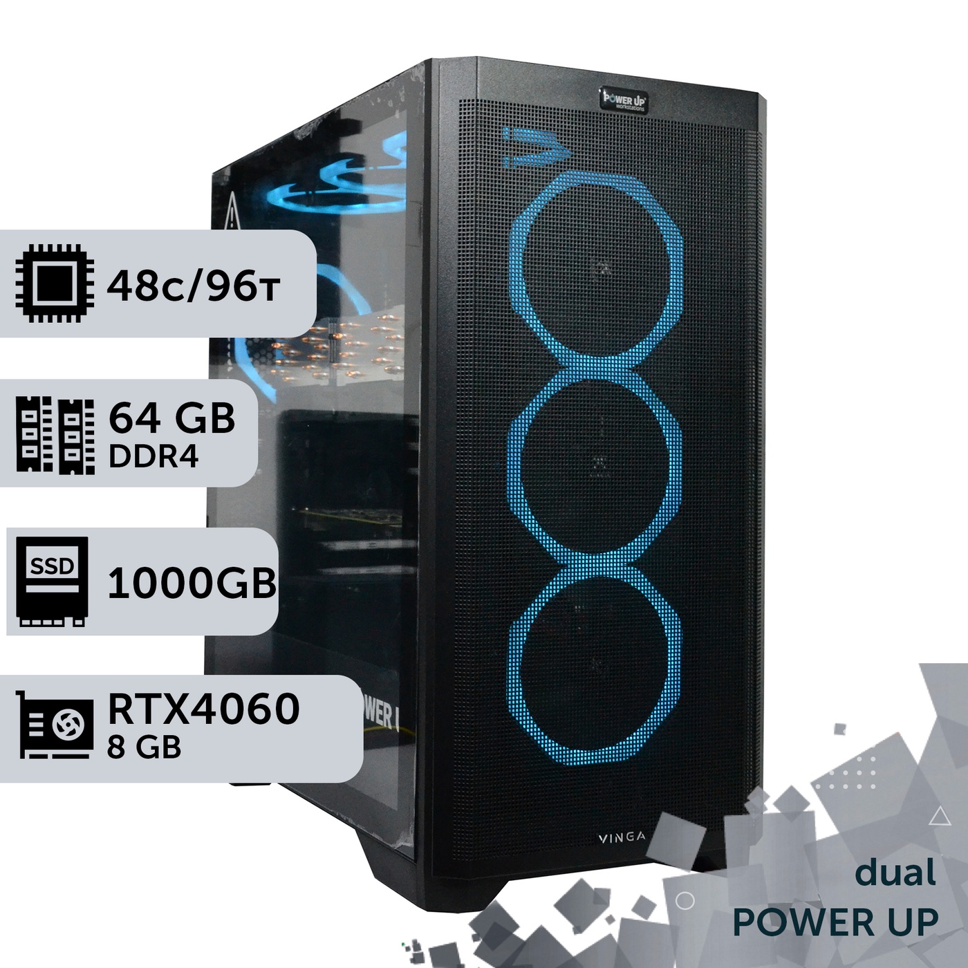 Двопроцесорна робоча станція PowerUp #493 Xeon Platinum 8259 x2/64 GB/HDD 2 TB/SSD 1TB/GeForce RTX 4060 8GB