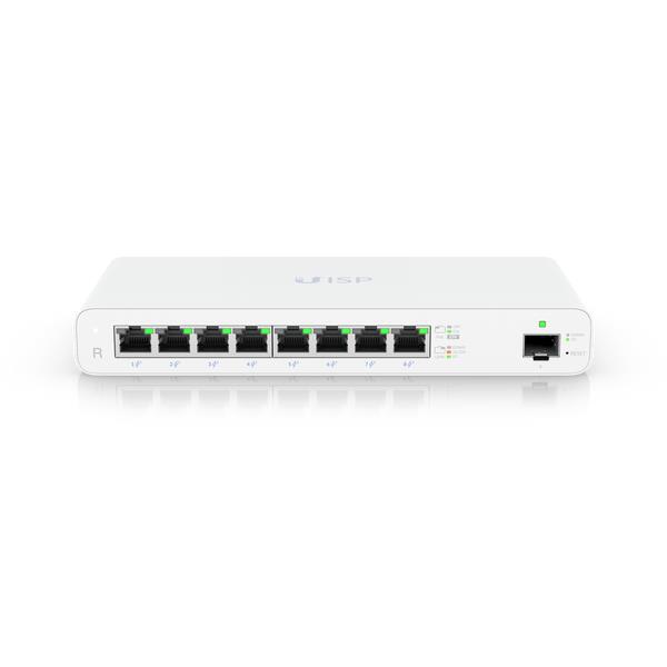 Ubiquiti UISP-R in a working environment, demonstrating its compact design White Ubiquiti UISP-R router against a background of network equipment