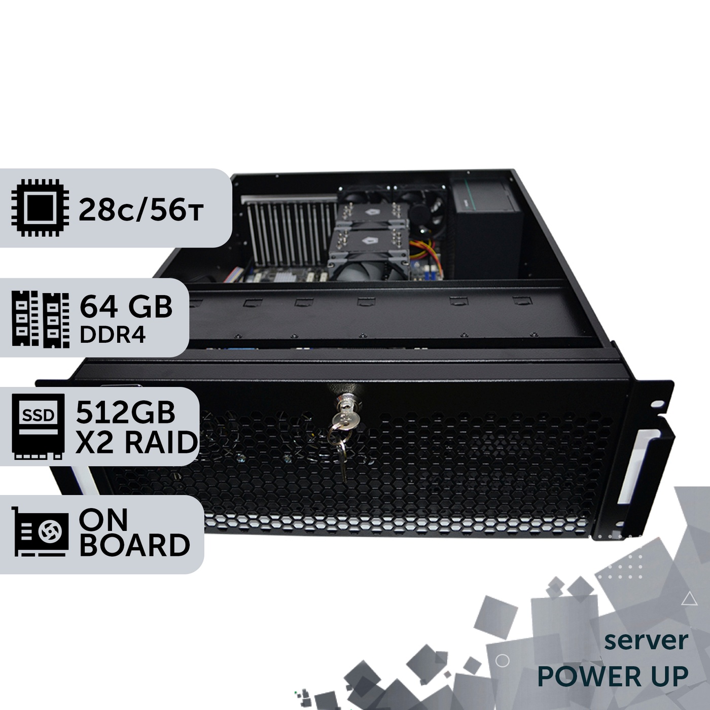 Сервер двухпроцессорный TOWER PowerUp #77 Xeon E5 2680 v4 x2/64 GB/SSD 512GB х2 Raid/Int Video