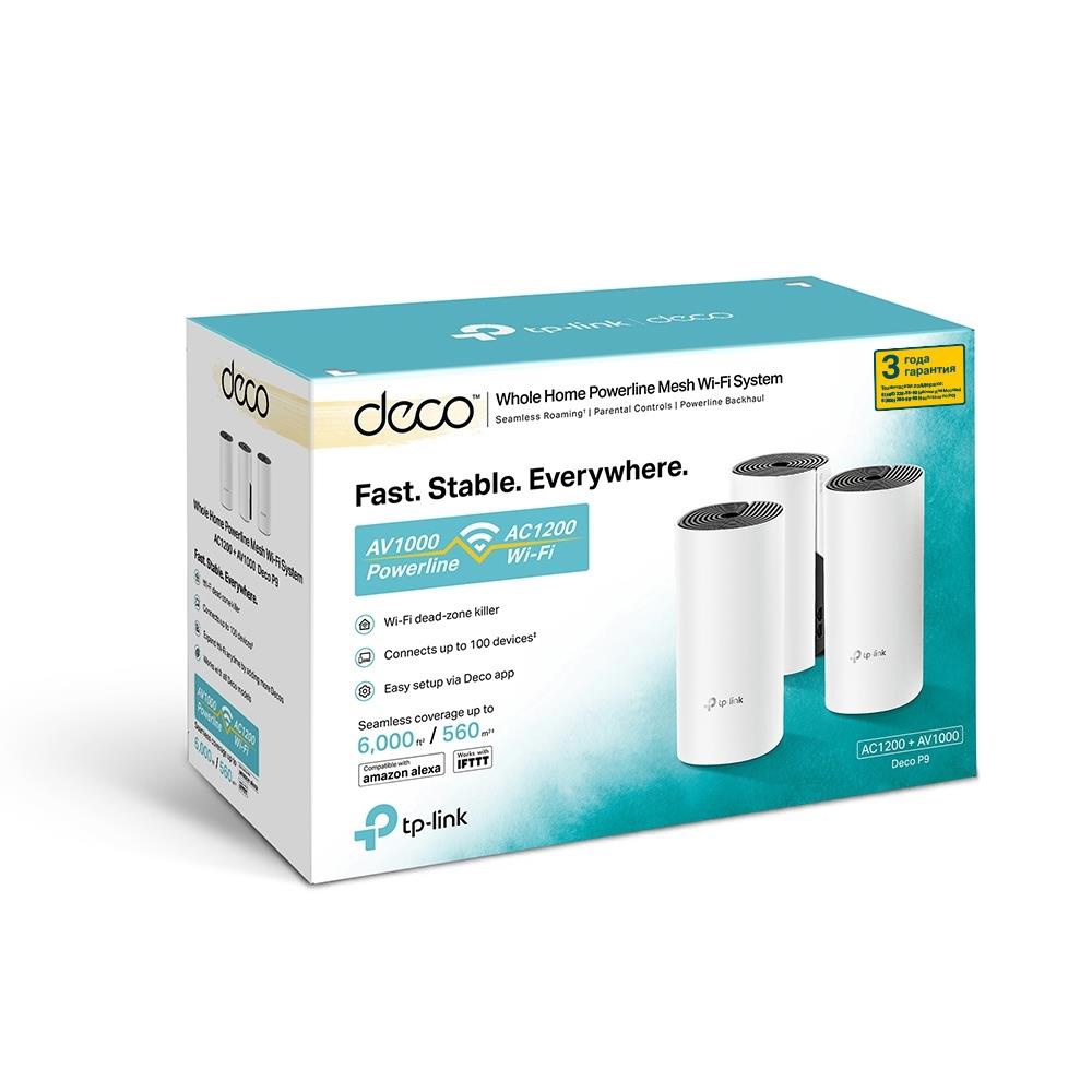 Гибридная Mesh-система TP-Link Deco P9 (3-pack) в интерьере Комплект из трех модулей TP-Link Deco P9 для расширенного покрытия Wi-Fi