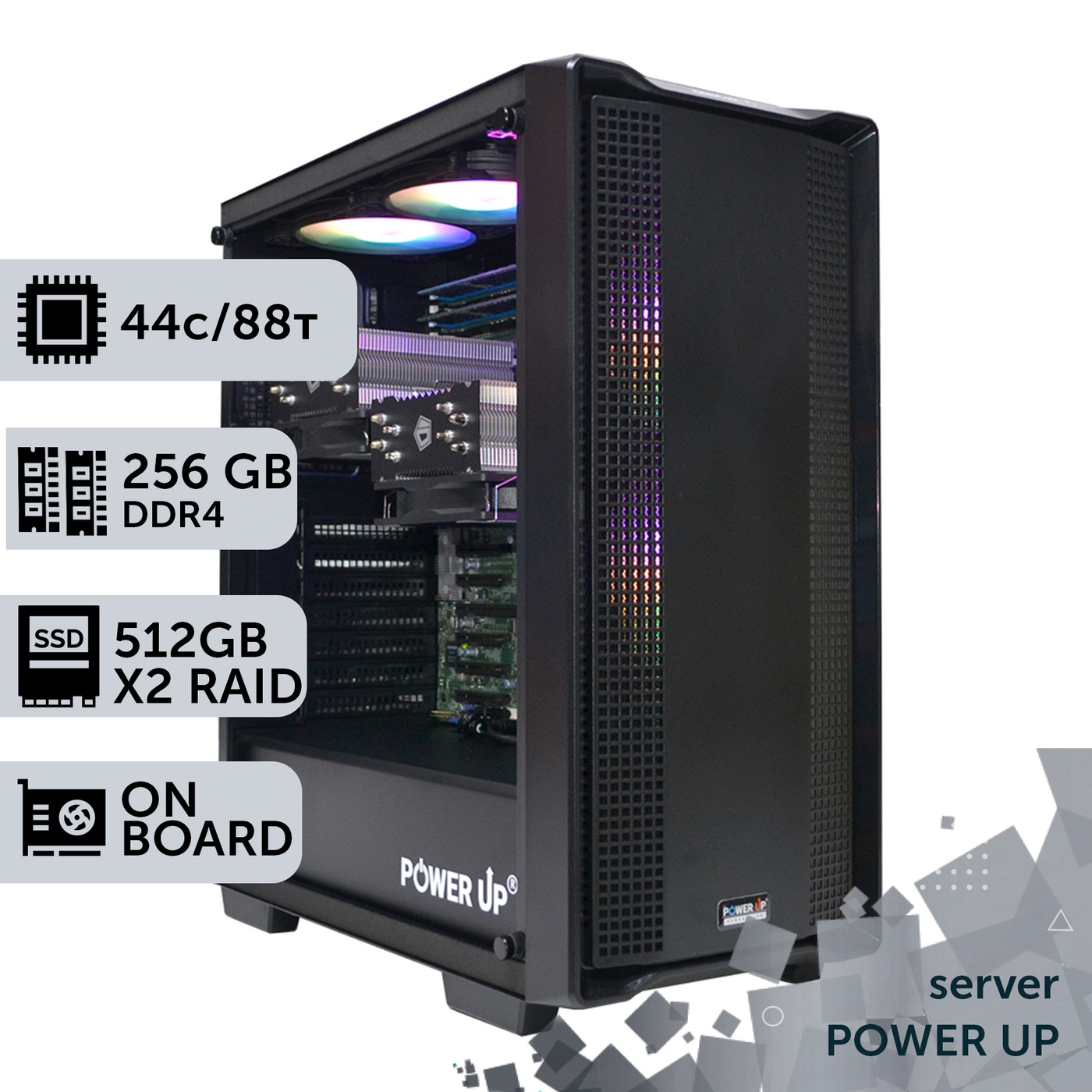 Сервер двопроцесорний TOWER PowerUp #50 Xeon E5 2690 v3 x2/256 GB/HDD 6 TB/SSD 512GB х2 Raid/Int Video