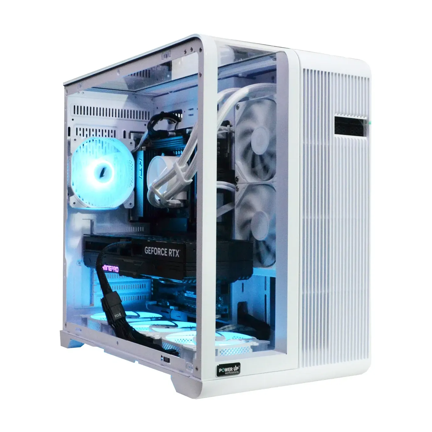 PowerUp GamePC TOP #564 gaming PC with Ryzen 5 9500F and GeForce RTX 5050 8 GB — side view through the glass panel