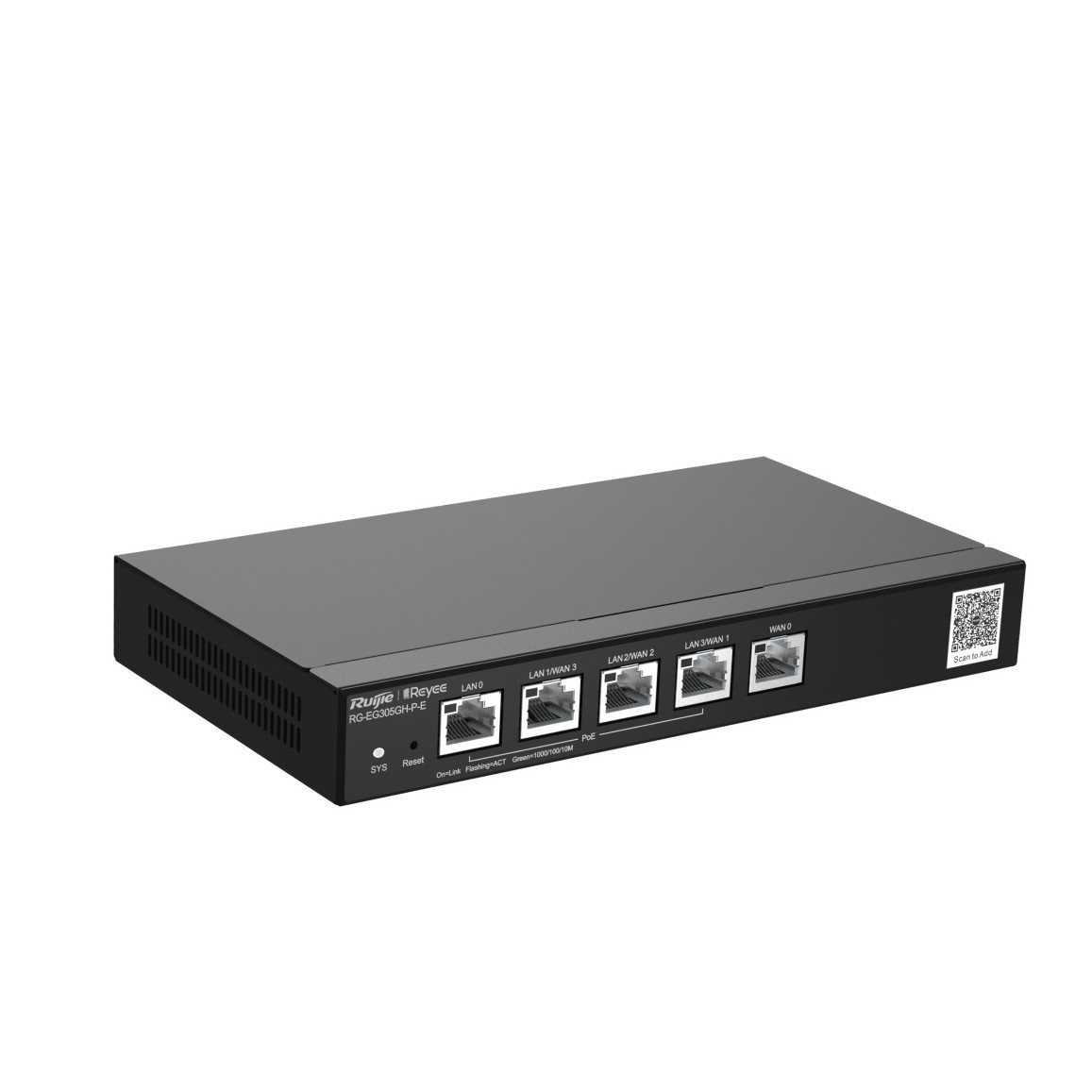 Мережеві інтерфейси та порти PoE+ маршрутизатора Ruijie Reyee RG-EG305GH-P-E Задня панель роутера Ruijie Reyee RG-EG305GH-P-E з PoE+ портами та SFP