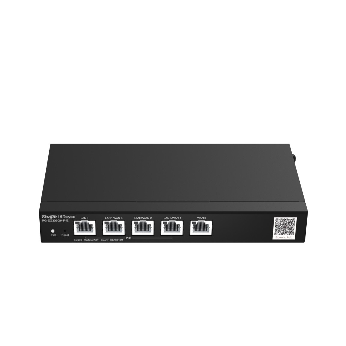 Високопродуктивний VPN-маршрутизатор Ruijie Reyee RG-EG305GH-P-E для офісу Маршрутизатор Ruijie Reyee RG-EG305GH-P-E вигляд спереду з портами
