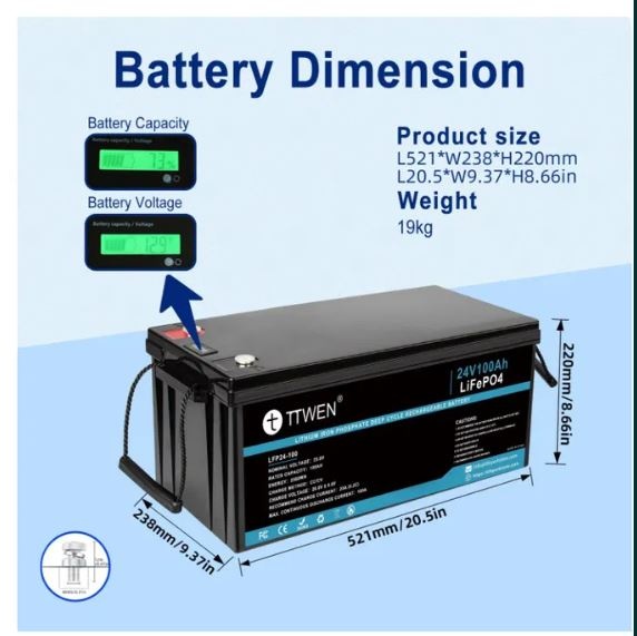 TTWEN 24V 100AH LiFePO4, BMS (2560Wh)