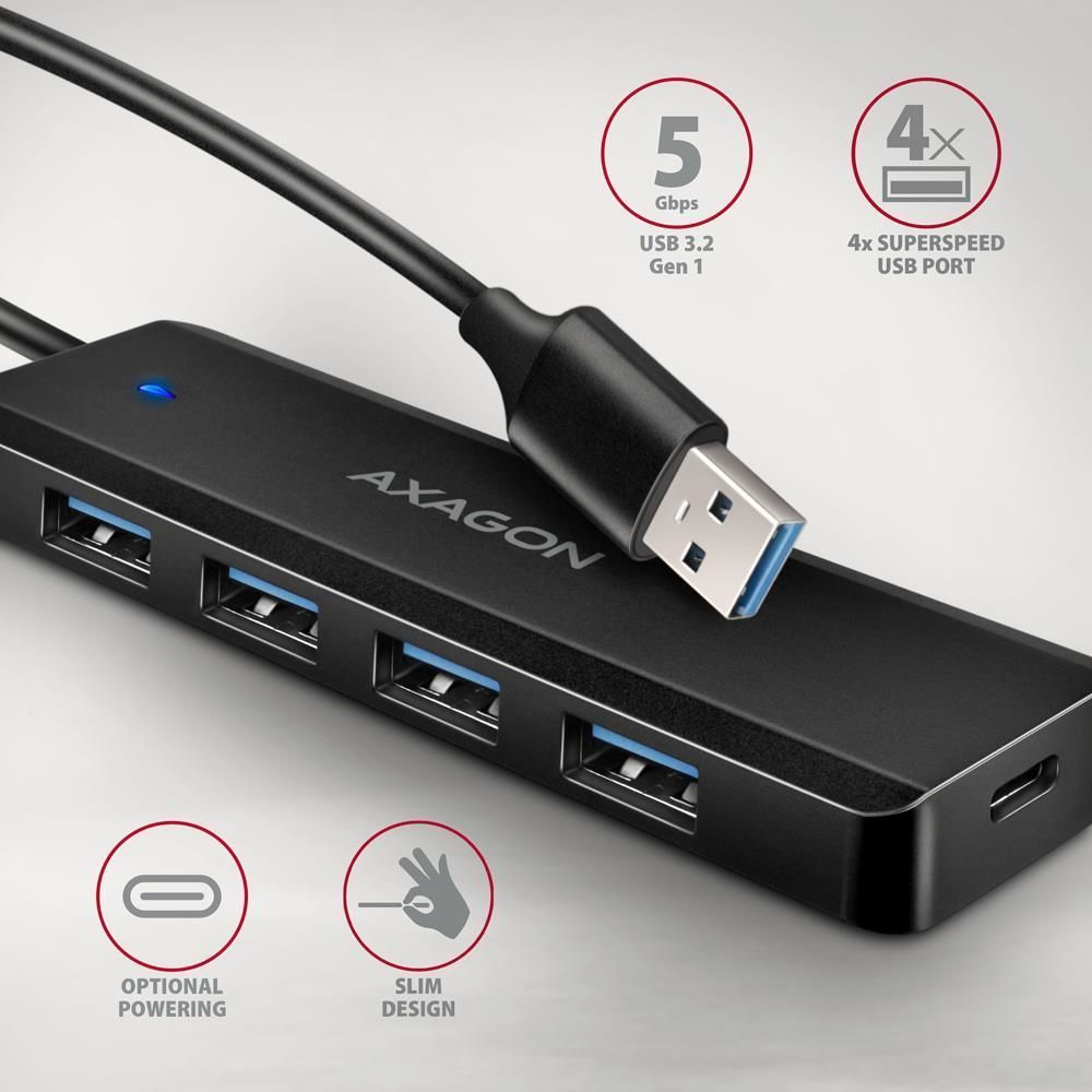 Хаб AXAGON HUE-C1A USB-A 5Гбіт/с TRAVEL hub, 20см Type-A, Чорний