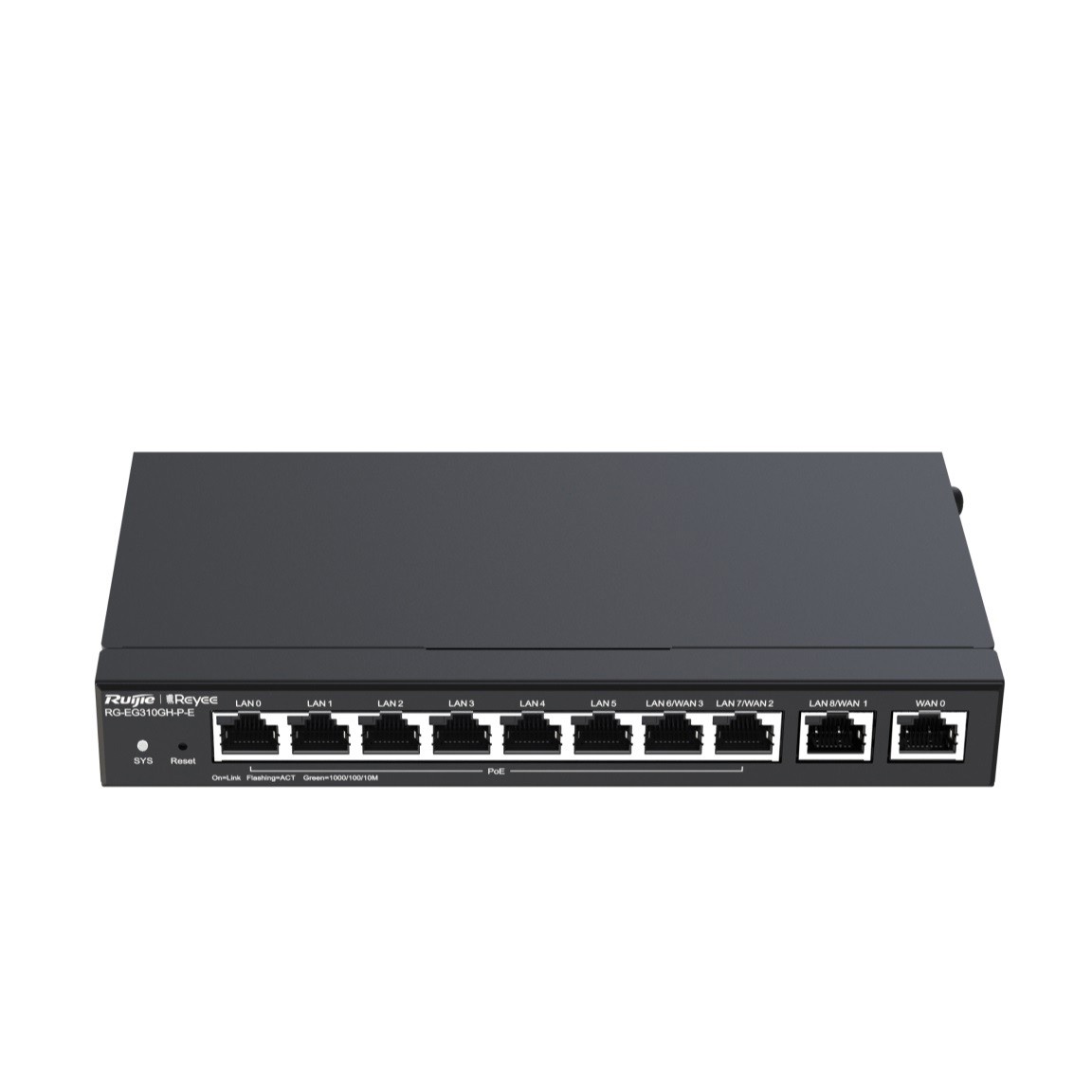 Вигляд портів Ethernet та USB на маршрутизаторі Ruijie для офісних мереж Задня панель маршрутизатора Ruijie Reyee RG-EG310GH-P-E з портами PoE