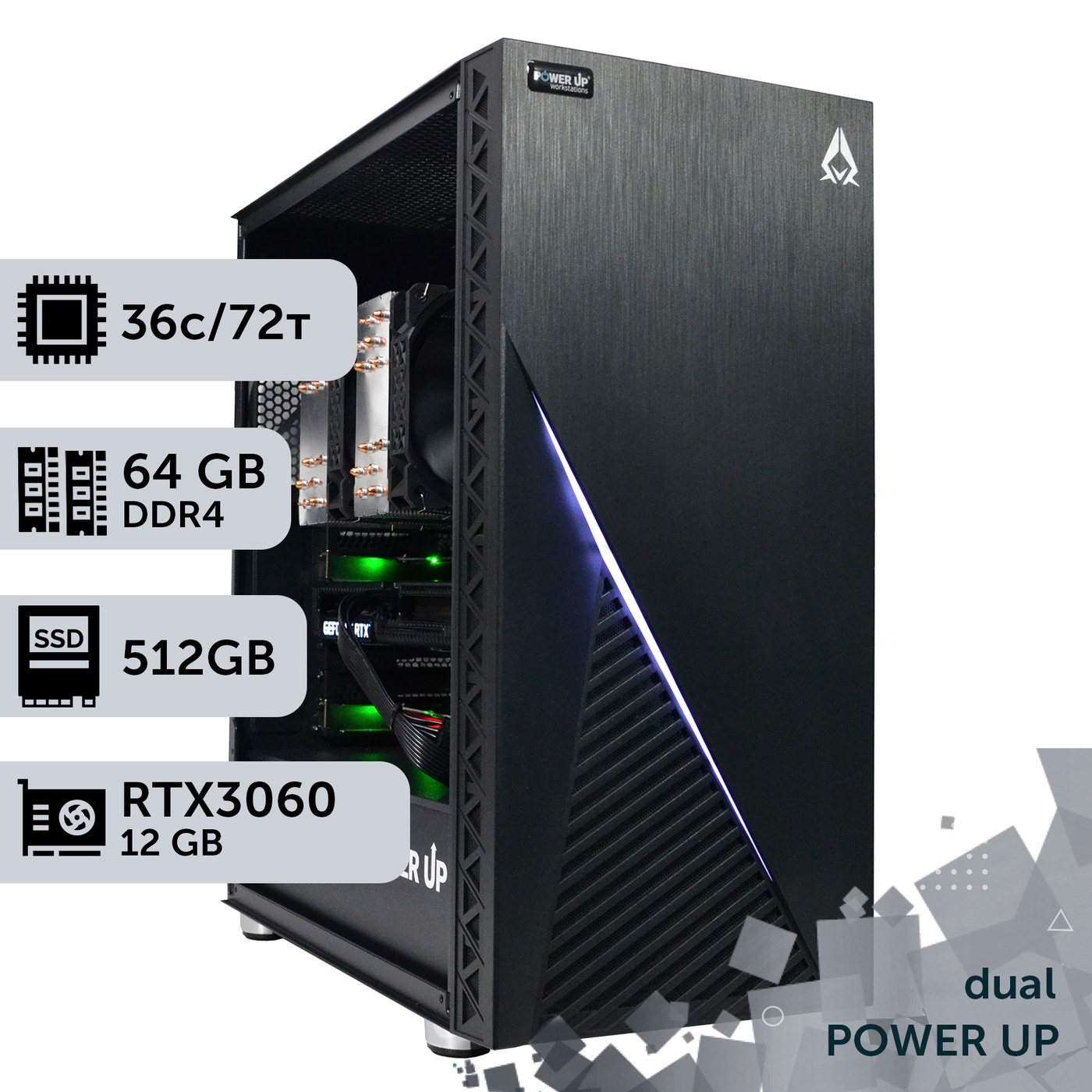 Двопроцесорна робоча станція PowerUp #308 Xeon E5 2699 v3 x2/64 GB/SSD 512GB/GeForce RTX 3060 12GB