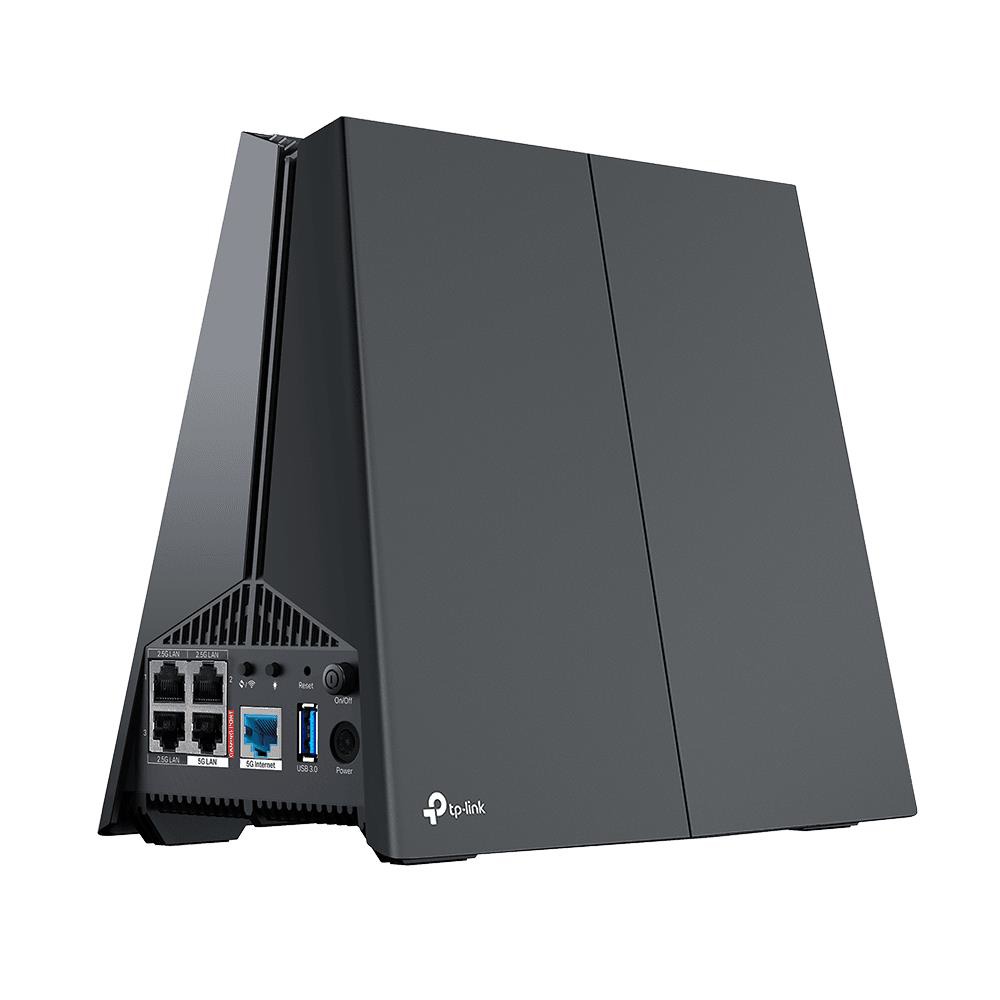 Archer GE550 Design with Customizable RGB Lighting Front view of the TP-Link Archer GE550 gaming Wi-Fi 7 router with active RGB lighting