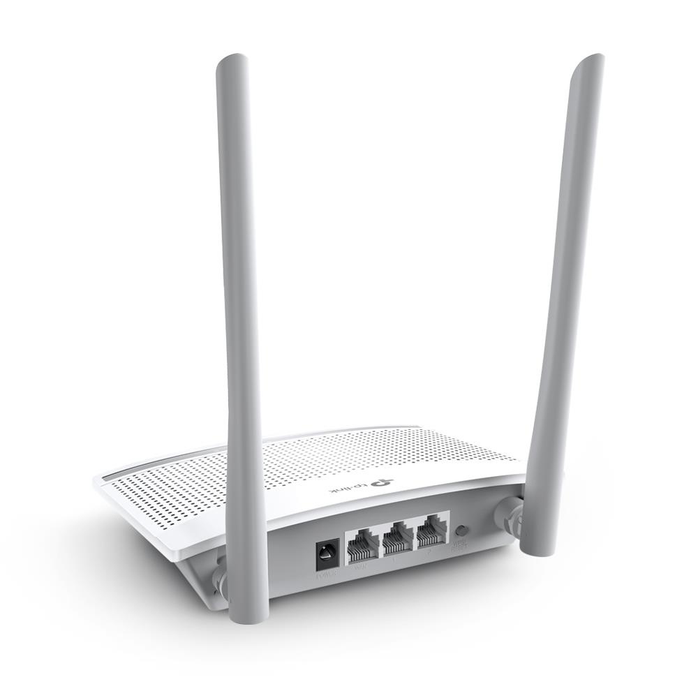 White casing of TP-LINK TL-WR820N with LED activity indicators