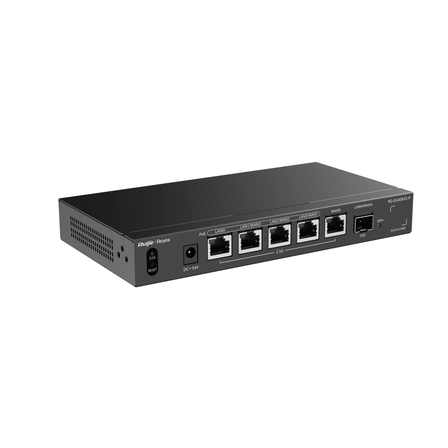 WAN/LAN ports and 4 PoE ports on the rear panel of the Ruijie Reyee RG-EG406XS-P router Ruijie Reyee RG-EG406XS-P Router Rear Panel with Ports